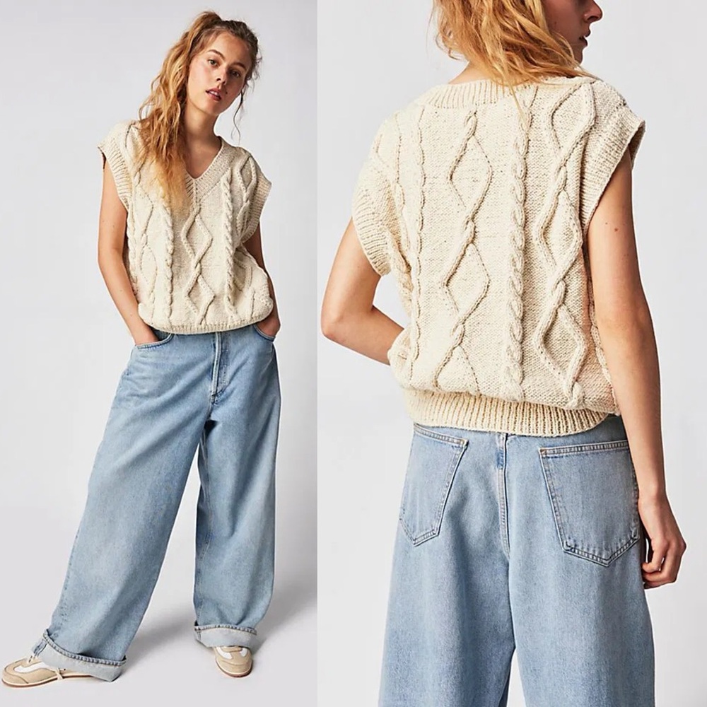 NWT Free People The Knotty Ones Alpaca Wool Laime Cable Knit Sweater Vest
